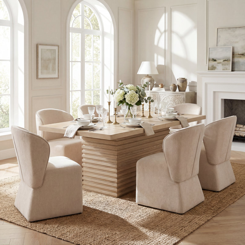 Fernand 7-Piece Dining Table Set With Upholstered Chairs, Light Ash, Beige
