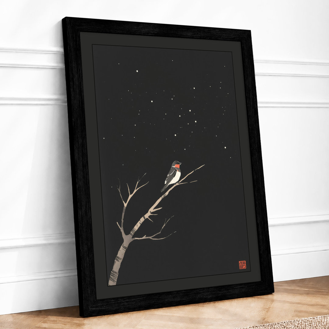 Bird on Starlit Branch Japandi Framed Art Print