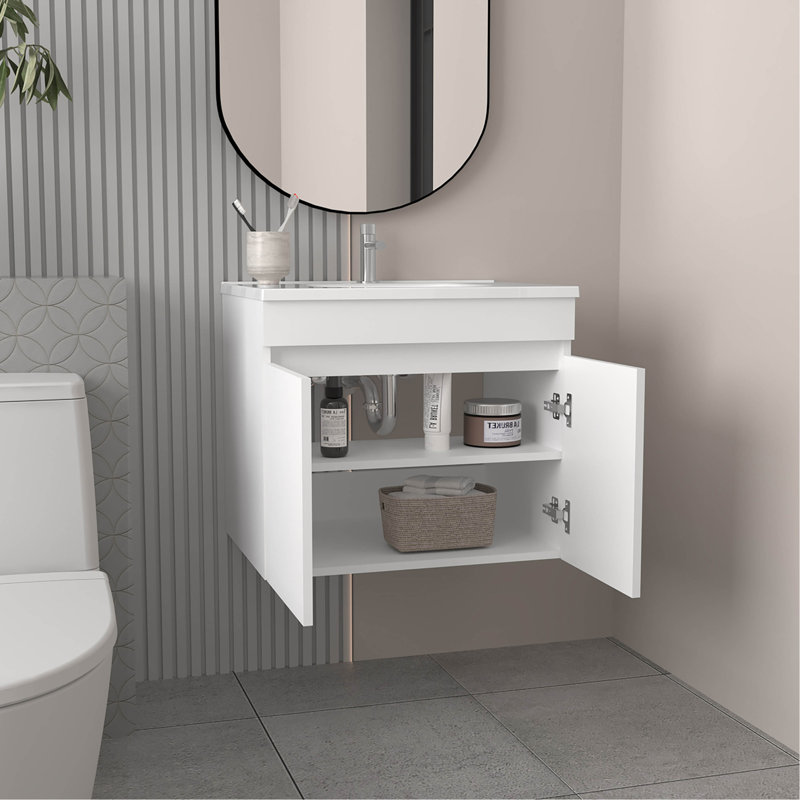 Meuble-lavabo de salle de bain avec lavabo, 2 portes, 2 tablettes (PAS DE ROBINET INCLUS), Blanc