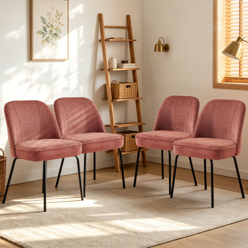 Linen Upholstered Dining Chair Spring Soft Padded with 12cm Thick Seat Cushion, Rose
