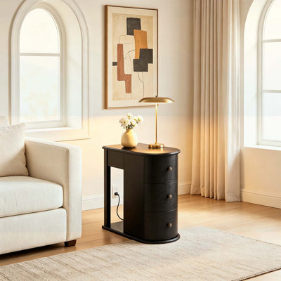 Table de bout moderne avec porte-gobelet caché, 2 tiroirs de rangement, station de charge, pour chambre à coucher et salon