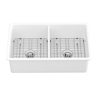 32"X19"X10" Undermount Double Bowl Fireclay Kitchen Sink - Dual Mount White Porcelain Fireclay Rectangular Deep Double Bowl Sink Basin