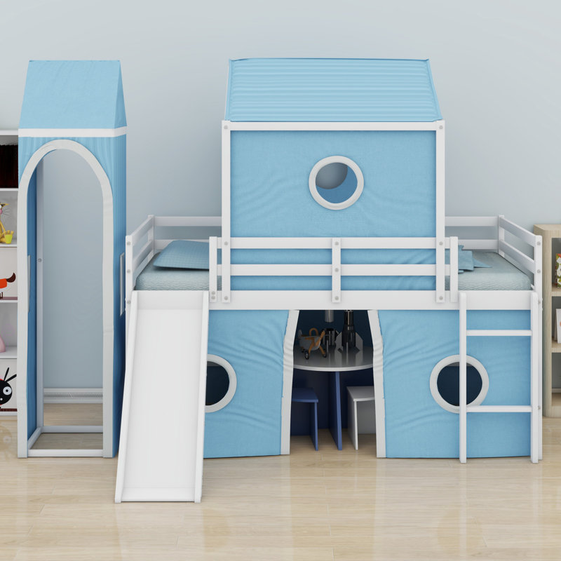 Messerly Kids Bunk Bed with Slide Tent and Tower, Twin, Blue