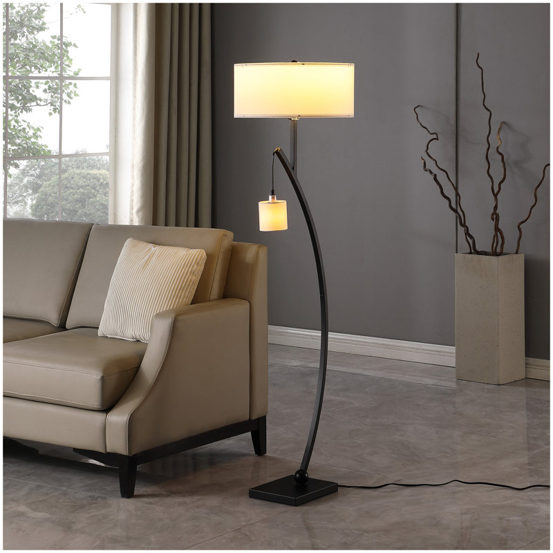 59" In Contemporary Dual Black Arc W/ Hanging Pendelum Lamp Metal Floor Lamp, Matte Black