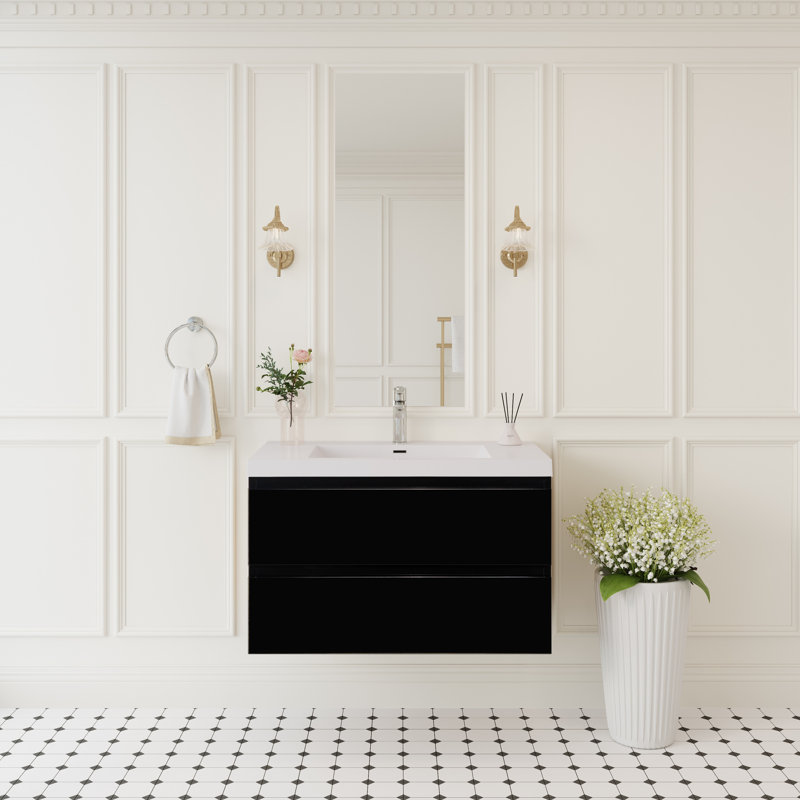 36" Floating Bathroom Vanity Modern Wall-Mounted Single Vanity with Integrated Resin Top, 2 Soft Close Drawers, Full Assembly