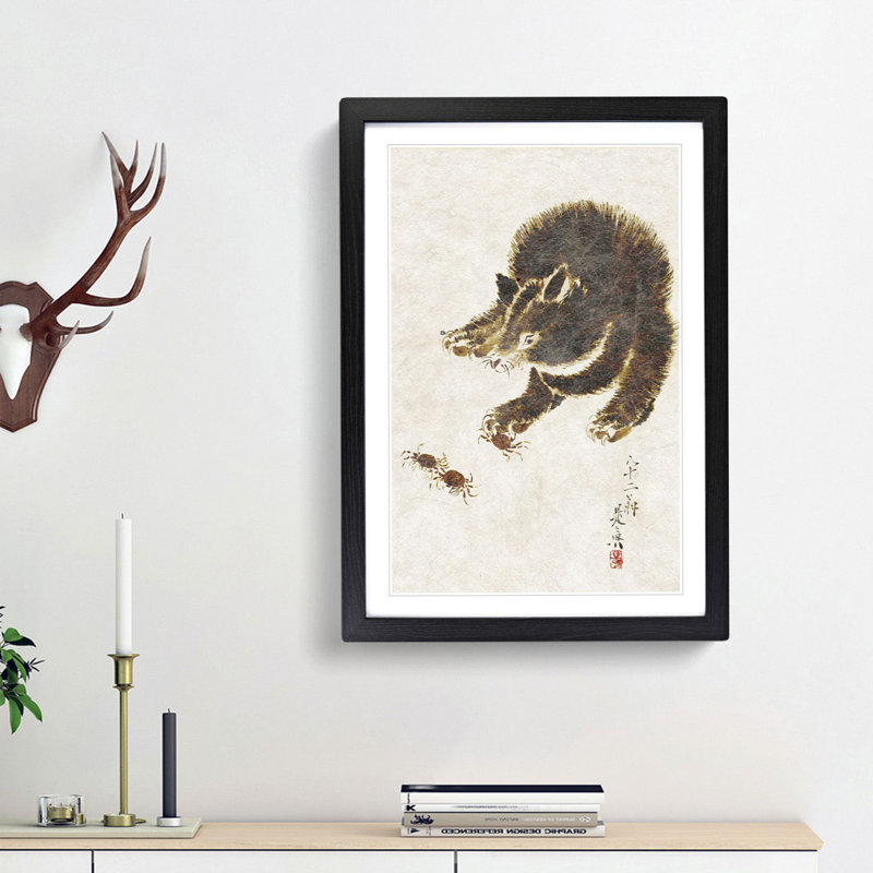 Bear And Crabs by Shibata Zeshin - Single Picture Frame Painting, Black Framed, 63cm H x 45cm W x 2cm D