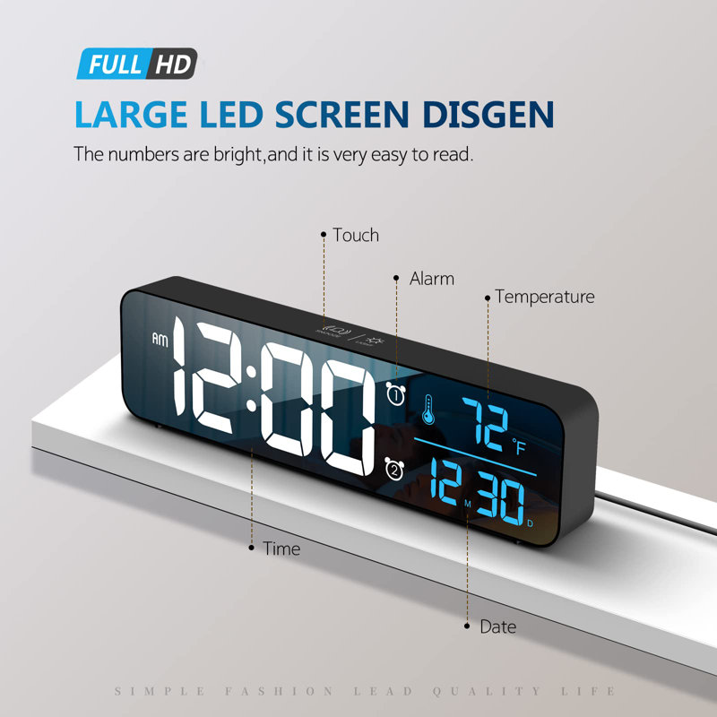 Digital Clock, Large Display Digital Clock, Wired Black + Blue Numbers