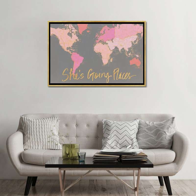 Impression d’art graphique, "it’s going places" par Elizabeth Medley, H 32 po x l 48 po x P 1,5 po, Toile encadrée d'or