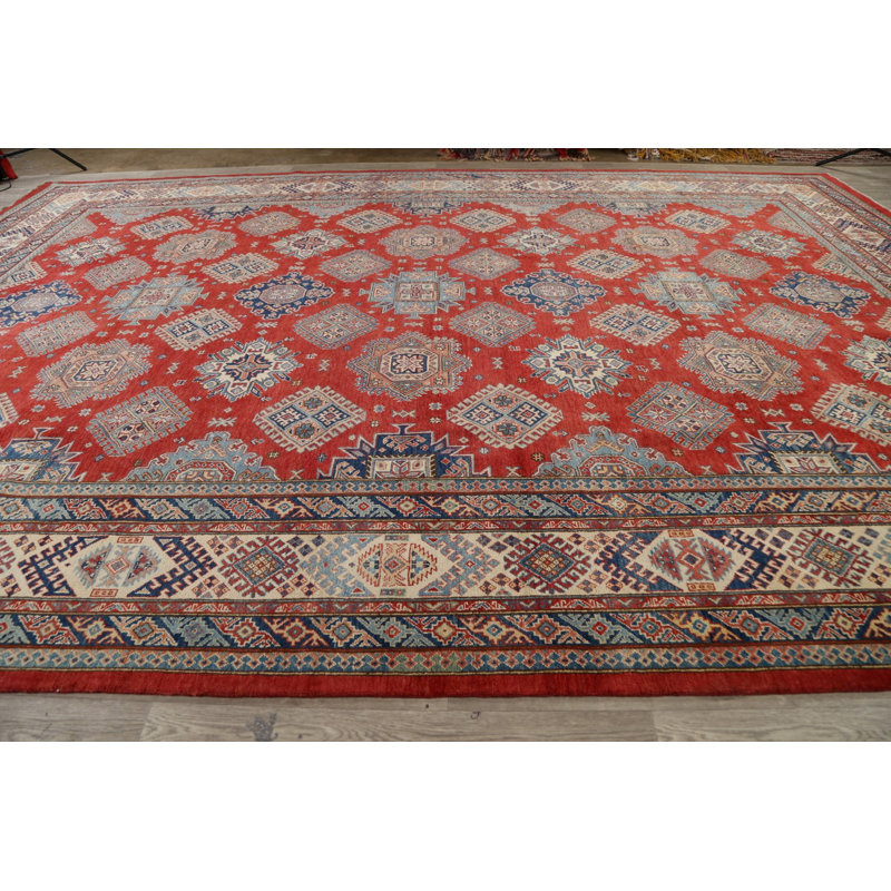 Tapis rouge / bleu / beige en laine noué à la main de conception unique 12 pi x 17 pi 2 po New Age