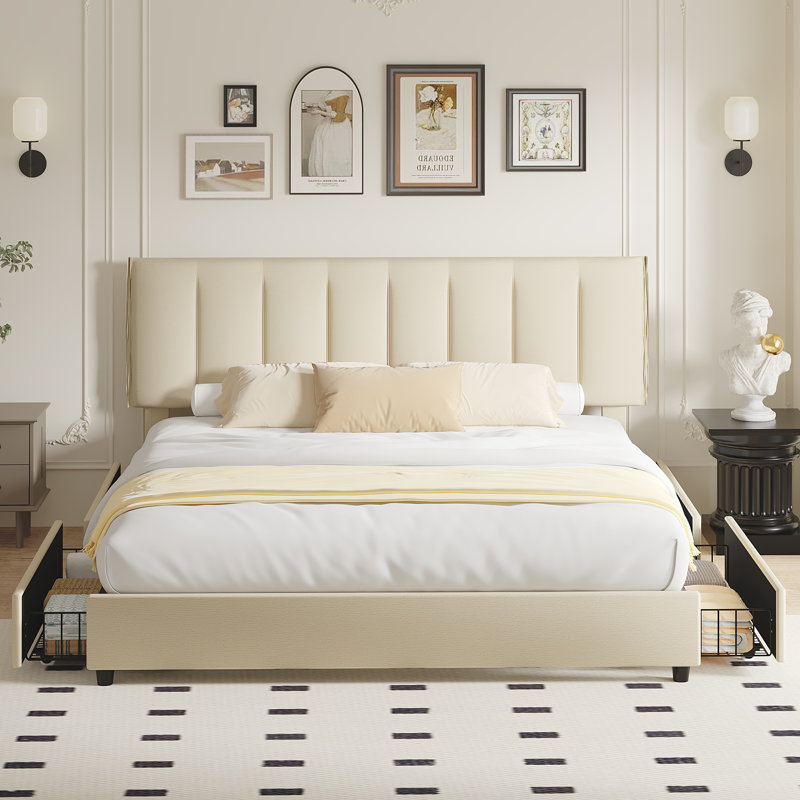  Cahlin King Storage Bed Frame Velvet Upholstered Platform Bed with 4 Storage Drawer, Adjustable Headboard and Wood Slat Support, Beige