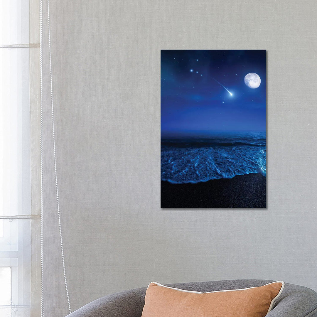 Tranquil Ocean At Night Against Starry Sky, Moon And Falling Meteorite by Evgeny Kuklev - Wrapped Canvas Gallery-Wrapped Canvas Giclée