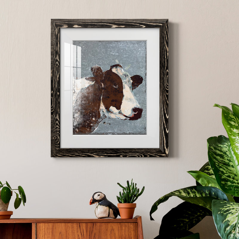 Vache sur métal galvanisé - peinture encadrée, H 20 po x l 17 po x P 1,5 po, Toile avec cadre noir