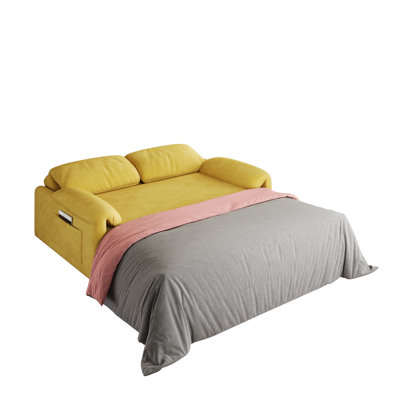 Dual-purpose Yellow Velvet Sofa Bed - Retractable Queen Bed, Armrest Storage, Multi-color​