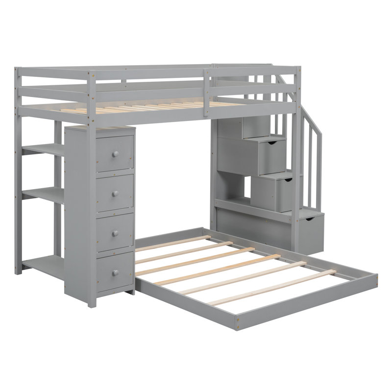 Lit superposé avec tablettes à 3 niveaux, tiroirs et escalier de rangement, Gris