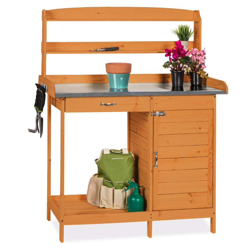 Fir Wood Outdoor Potting Bench with Metal Tabletop and Storage Cabinet
