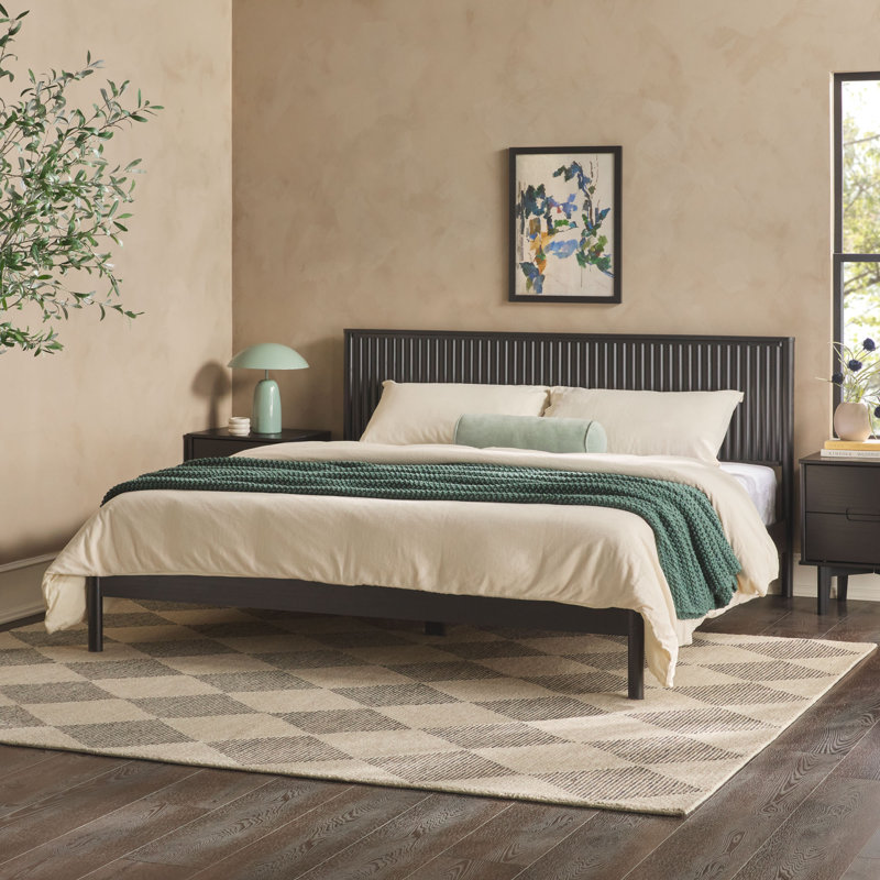 Luka Solid Wood Platform Bed with Reeded Headboard, King, Black