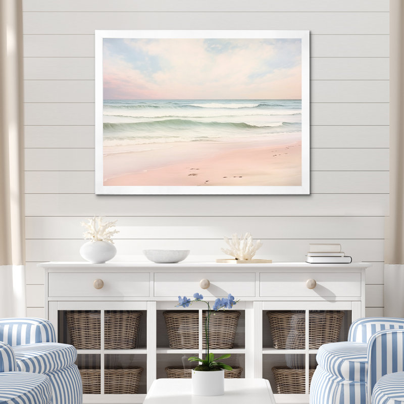 «Ocean Tranquility Tender Pink Pastel Sunrise I - Coastal Beach», art mural, H 30 po x l 40 po, Cadre photo unique, Blanc