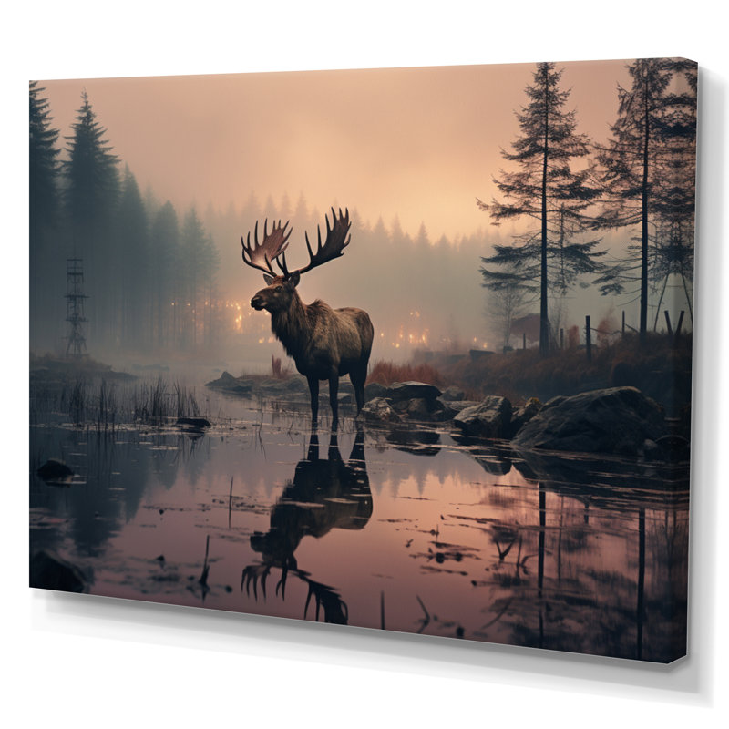 «Brown Peach Moose Misty Morning», reproduction sur toile, H 16 po x l 32 po x P 1 po, Toile tendue