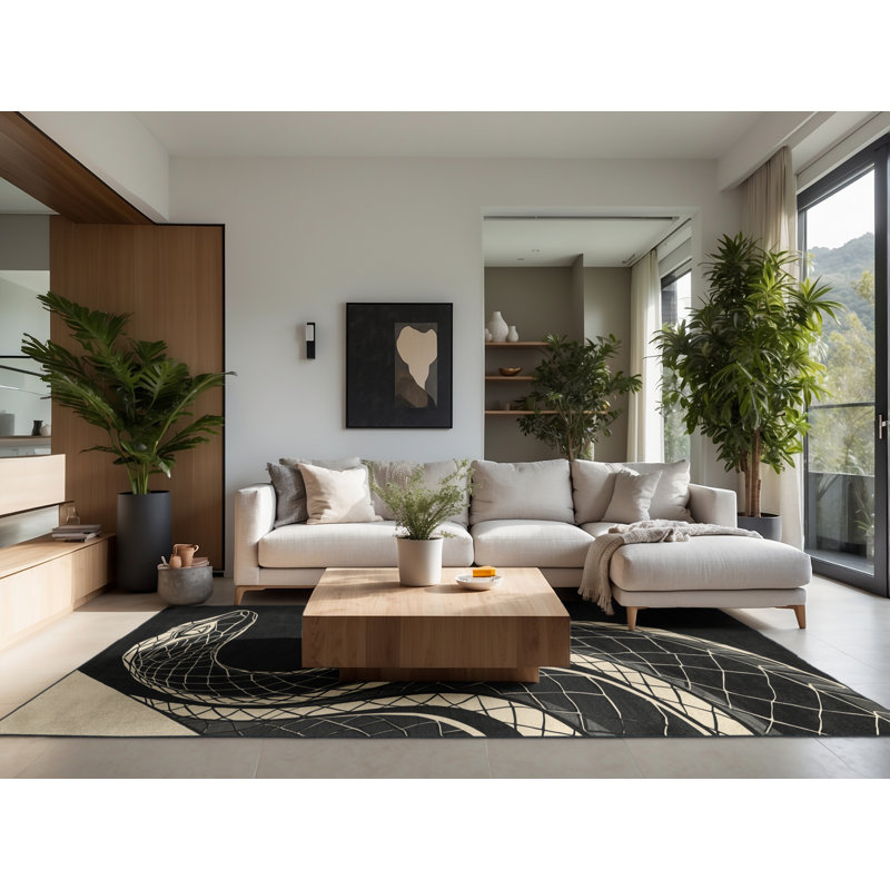 Soft Plush Aidyn Basilisk Sleek & Chic Modern Geometric Area Rug in Brown – Black Binding, 5x8