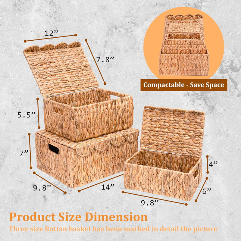 Ensemble de 3 paniers de rangement en osier festonné avec couvercle, panier de rangement rectangulaire en osier avec poignées intégrées