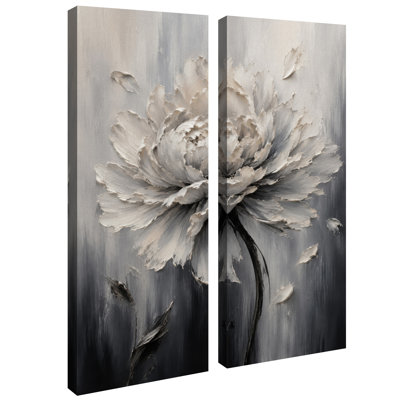 Décoration botanique neutre : pivoine noire et blanche (grand format) – Ensemble de 2 impressions sur toile encadrées (81 x 30 x 5 cm).