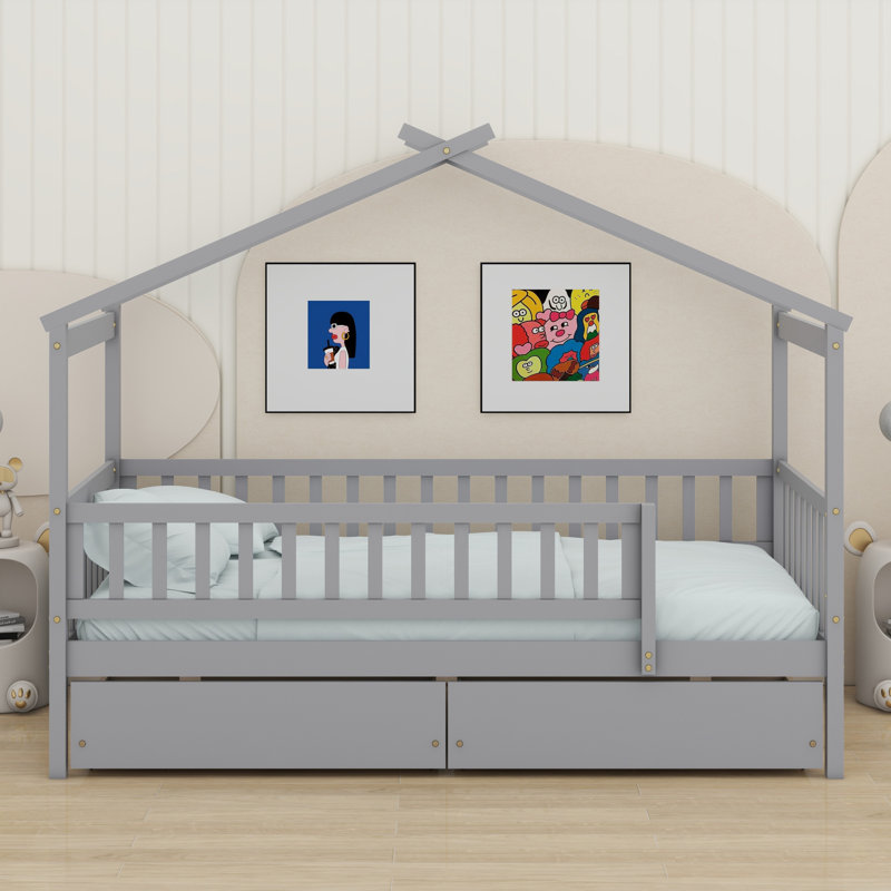 Lit en bois avec tiroirs, Gris