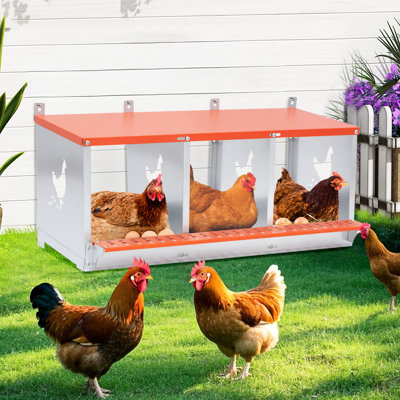 3 - Bay Metal Nest Box Wall Mount For And Ducks, Orange Galvanized Steel Coop Equipment, Three Compartments Enhanced Egg Laying, Easy Collection Simple Assembly, Natural Coconut Fiber Pad To Promote