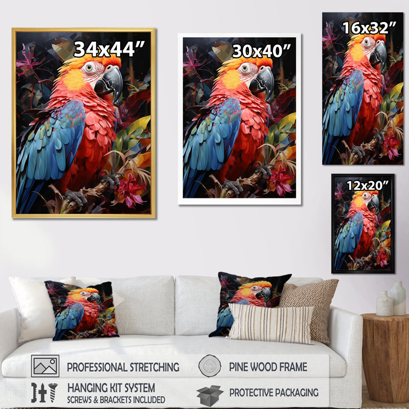 «Parrot Tropical Jungle Euphony II», reproduction sur toile, Cadre flottant doré, H 32 po x l 16 po x P 1 po