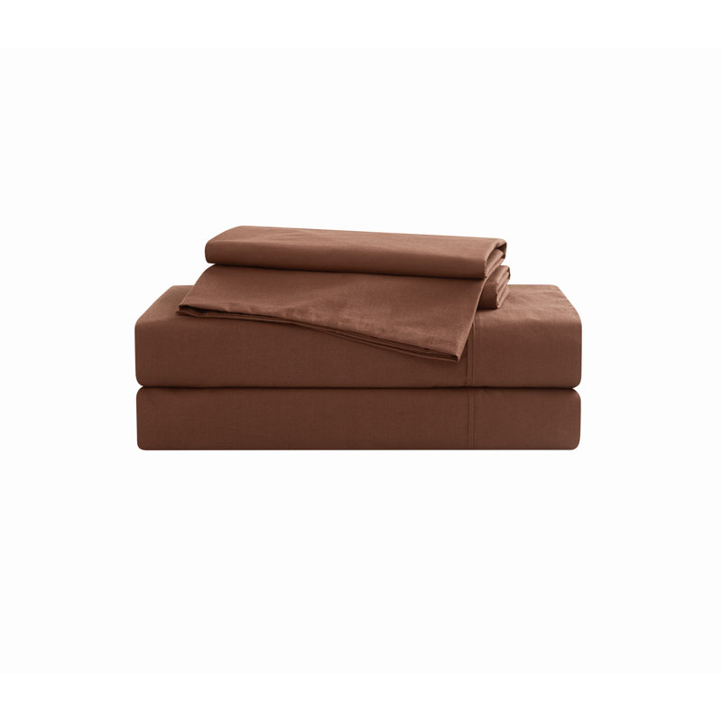  Ensemble de draps 100% coton 200 fils Classic, Ensemble de draps pour lit double avec 2 taies d'o, Brun