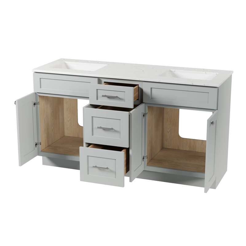 Meuble-lavabo double autoportant 63 po avec plateau en quartz Carrara, 63 po, 3 tiroirs, Gris