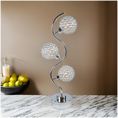 Denise 32 Inch Table Lamp, Metal Frame, Round Base Glass, Crystals, Silver