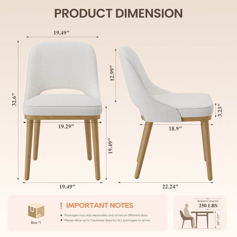 19.5" Seat Height Modern Fabric Upholstered Open Back Dining Chairs with Solid Wood Legs, Beige