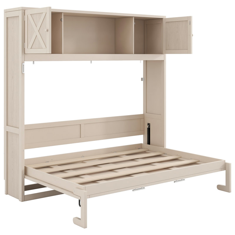 Grand lit escamotable avec armoires de rangement, beige