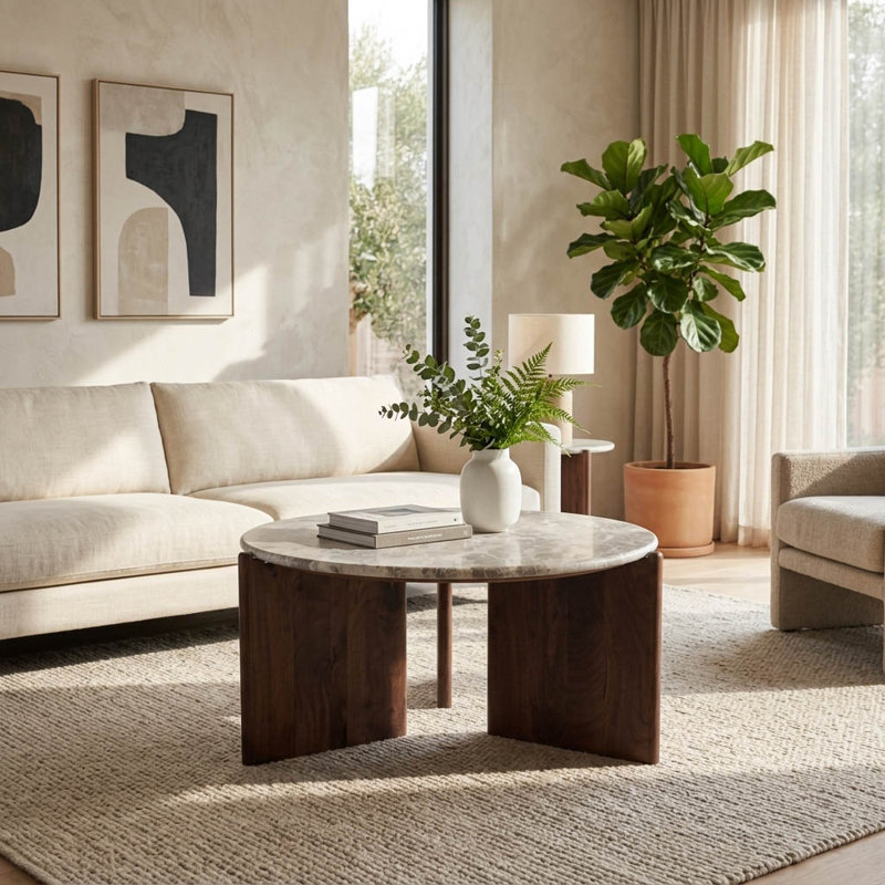 Table basse ronde moderne avec plateau en pierre et surface en marbre avec base en bois sculpturale et silhouette contemporaine pour la disposition de meubles de salon ou de détente
