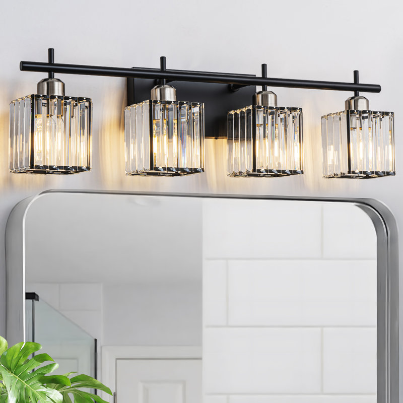 Bathroom Vanity Light With Glass Crystal Shade, Matte Black/Nickel