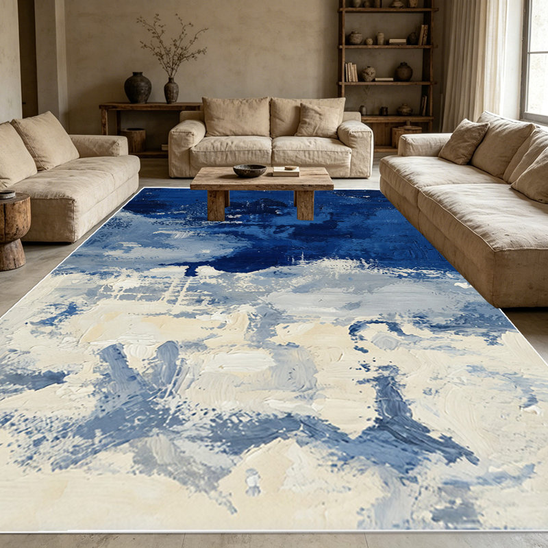 1PC Abstract Navy Blue Beige Brush Stroke Oil Painting area rugs for Living Room, Soft and Comfortable, Suitable for all seasons, easy-to-maintain, machine washable Indoor floor mat, Under Table Farmhouse suitable for living room, dining area,...