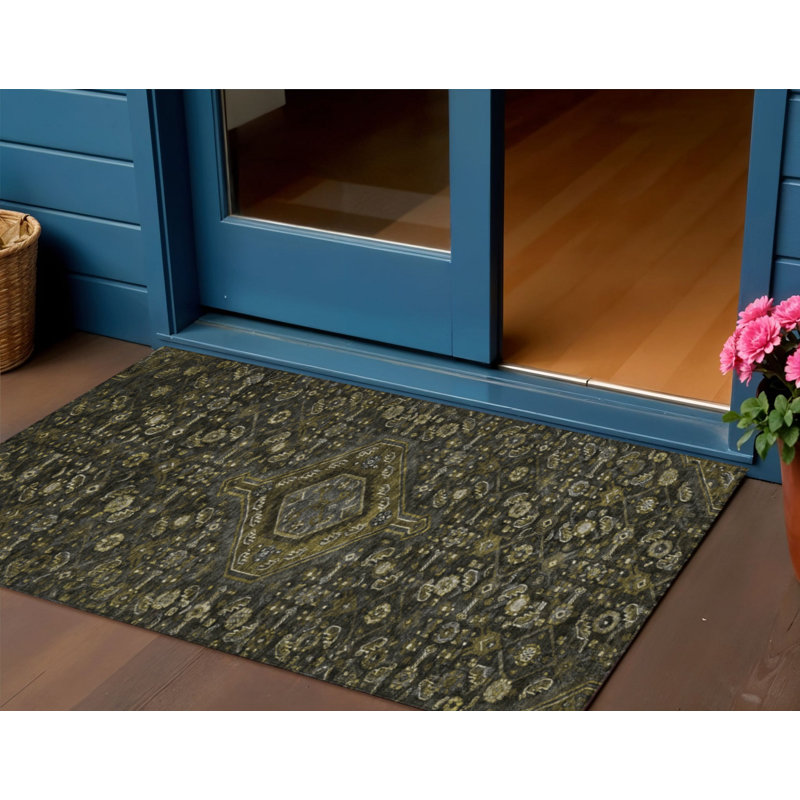 Tapis intérieur lavable à médaillon gris anthracite 3 pi x 5 pi