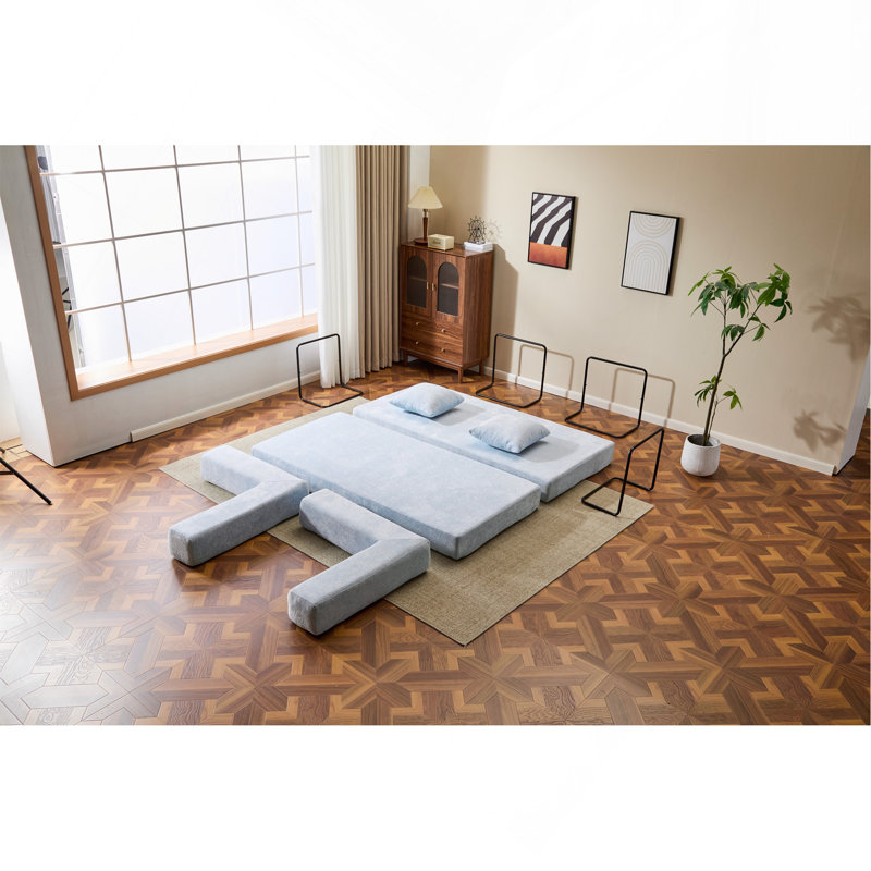 Boneless 76.77" Convertible Floor Compression Sofa Bed, 3-Seat Chenille Futon Couch with Pillow Back Support & Armrest, Foam Frameless Sleeper Sofa for Living Room Bedroom