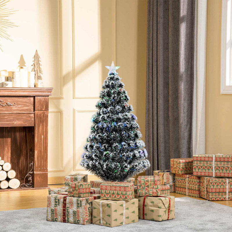 HOMCOM Artificial Prelit Christmas Tree Snow Xmas Tree w/ Fiber Optic, 4ft H