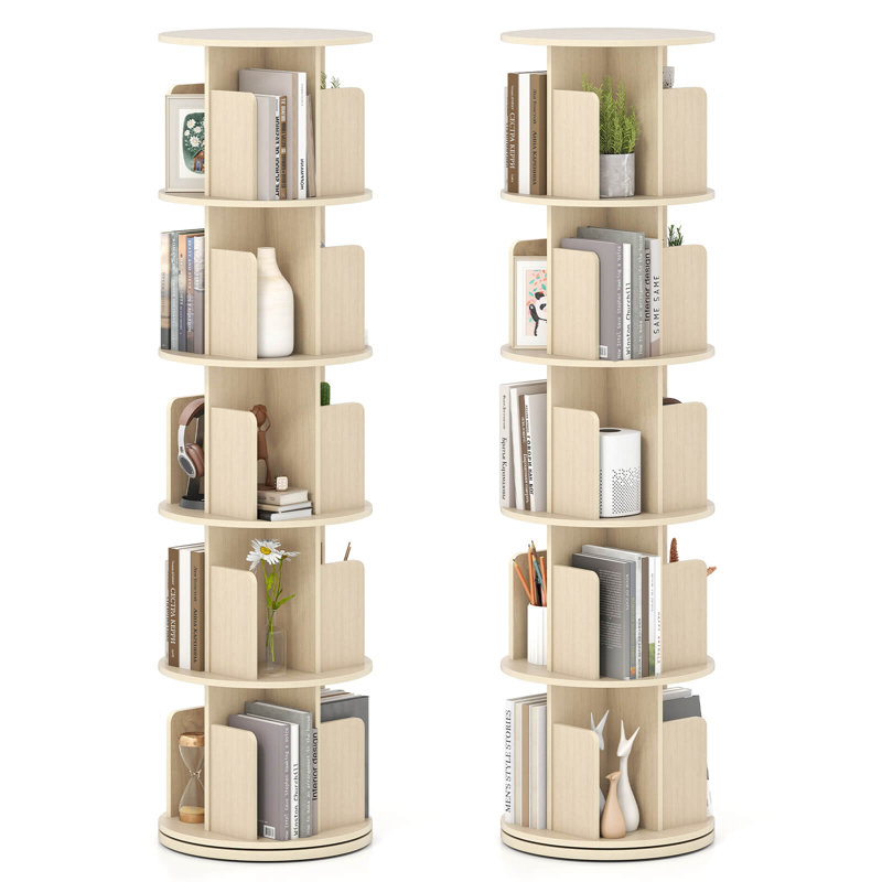 2 PCS 5-Tier Rotating Bookshelf 360° Display Rack Dividers & Anti-falling Baffles Natural, (5 Shelves) 63"H x 15.5"W x 15.5"D