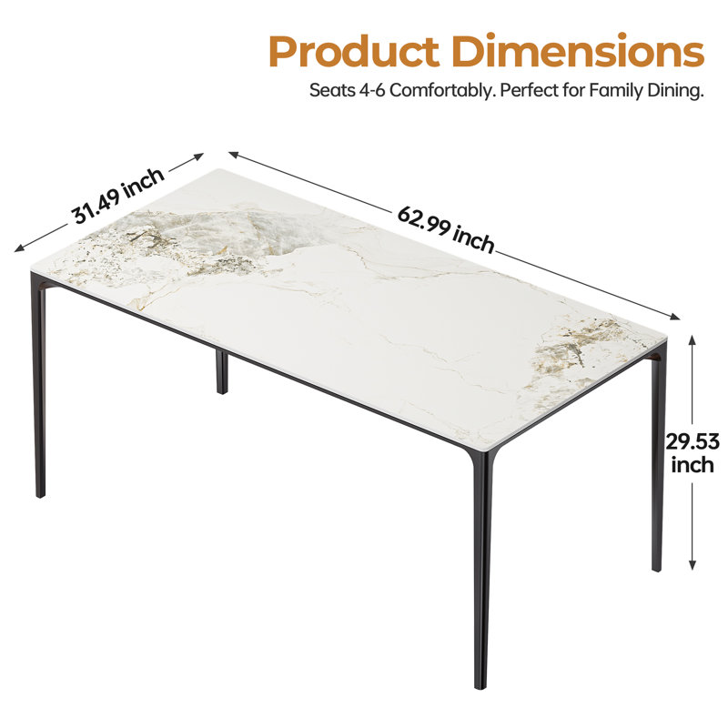 Table de salle à manger rectangulaire en pierre frittée blanche 63 pouces avec pieds en métal