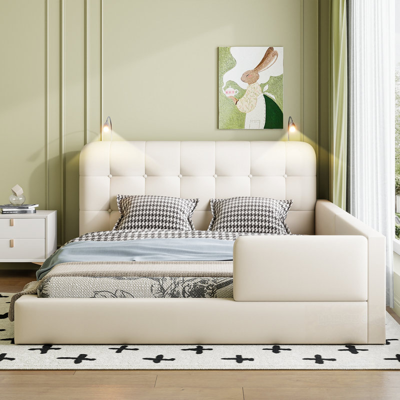 Grand lit plateforme tapissier avec 2 lampes de lecture, Blanc