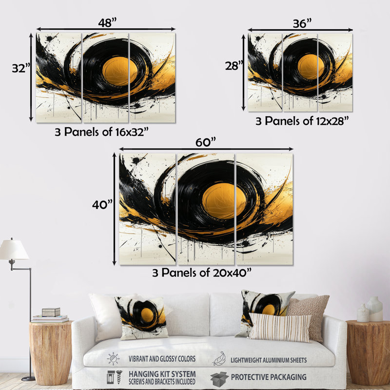 Cercle abstrait en noir et or II - ensemble de reproductions d'art abstrait, Métal métal, H 40 po x l 60 po x P 1 po