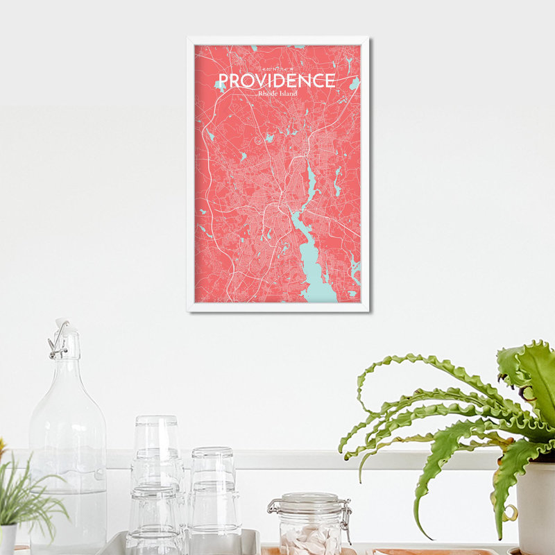 Providence, carte de la ville, impression, H 17 po x l 11 po, Rose / bleu pastel