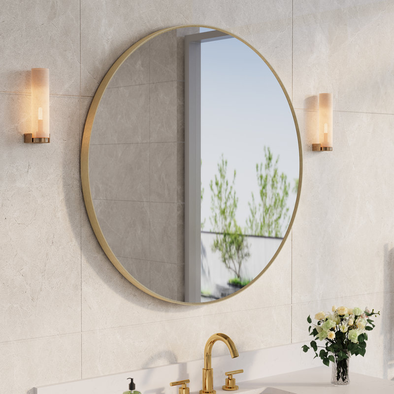 Miroir de salle de bain mural moderne en aluminium anodisé, Or brossé, 36 po x 36 po, Rond