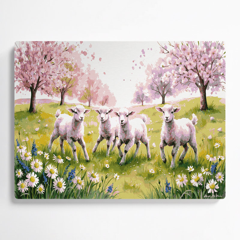 «Farm Spring Lambs», art mural en métal beige, H 11 po x l 14 po