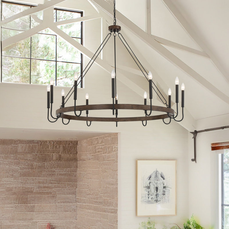 Allegra 12 - Light Dimmable Wagon Wheel Chandelier, Walnut/Aged Zinc