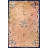 1930s Wool Hand Knotted Pile Coral / Salmon Pink Antique Large Floral Medallion Rectangle Rug