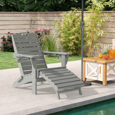 Firepit Chairs Wood Texture Foldable Adirondack Chair With Ottoman and adjustable backrest
