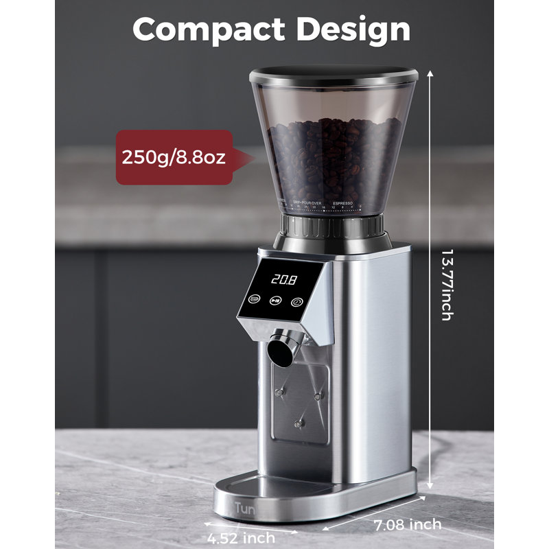 Tuni G1 Conical Burr Coffee Grinder, 48 Grind Settings Anti-static Burr Mill, Precision Electronic Timer and LED Touchscreen for Espresso/Drip/Cold Brew/French Press, Stainless Steel, Silver